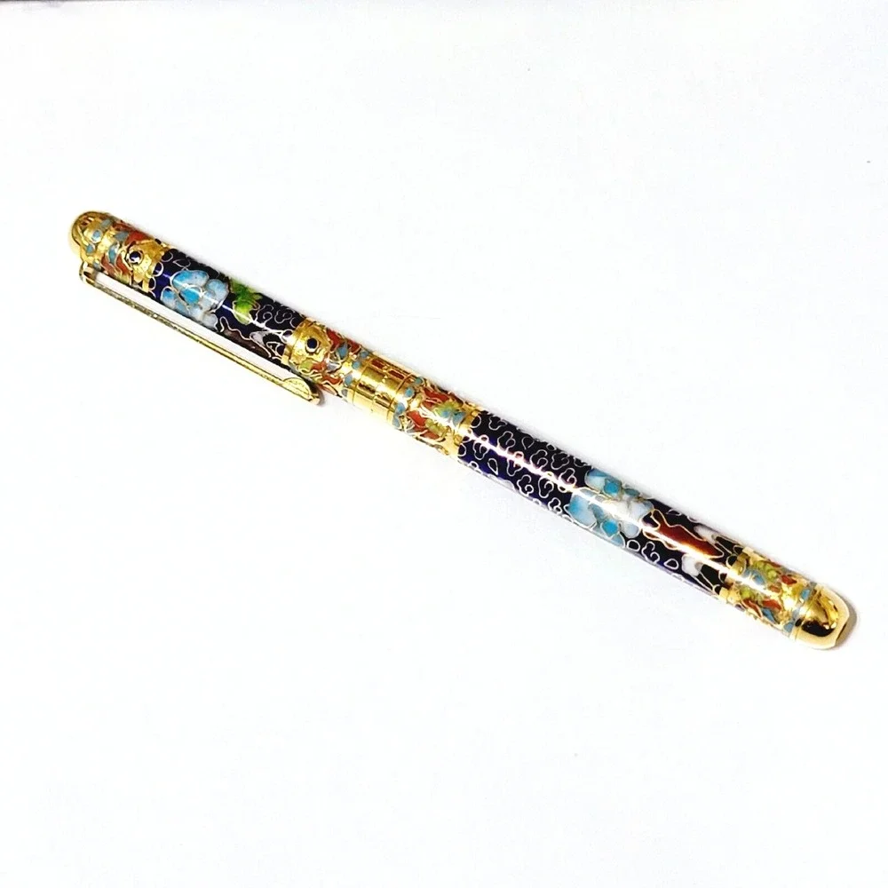 Vintage Blue Ink Pen Floral Cloisonne Retractable Gold Trim Gift Box
